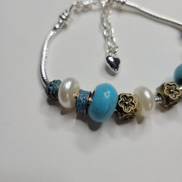 NWT Pandora Style Charm Bracelet Copper Patina Turquoise Color Bronze Flowers - Picture 4 of 5